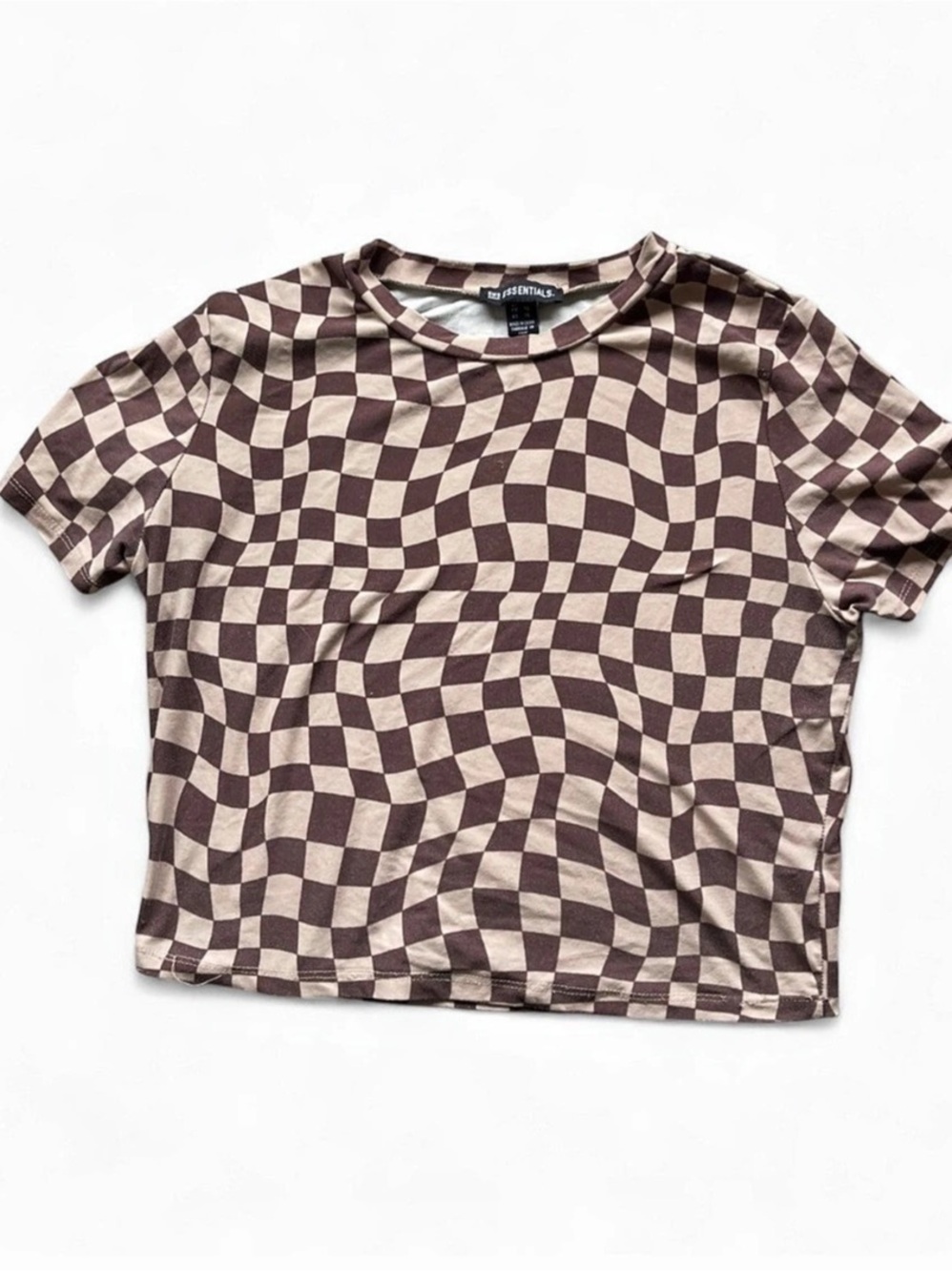 3/12$ Checkered Groovy Wave Short Sleeve Crop Tee  Brown Tan | Size XL